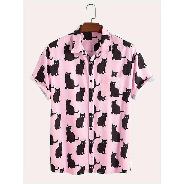 Summer Cute Cat Print Shirt Men's Casual Short Sleeve Hawaiian Casual Button Lapel Shirt For Summer Men Clothing Streetwear