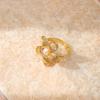 Golden Plated 5-Petal Flower Open Adjustable Ring with Synthetic Pearl for Women Elegant Statement Jewelry Gift
