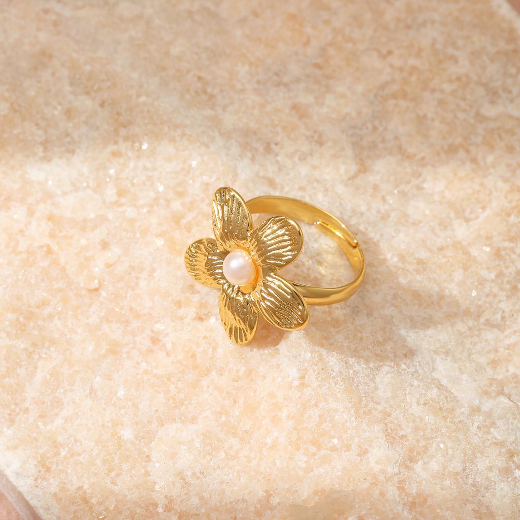 Golden Plated 5-Petal Flower Open Adjustable Ring with Synthetic Pearl for Women Elegant Statement Jewelry Gift