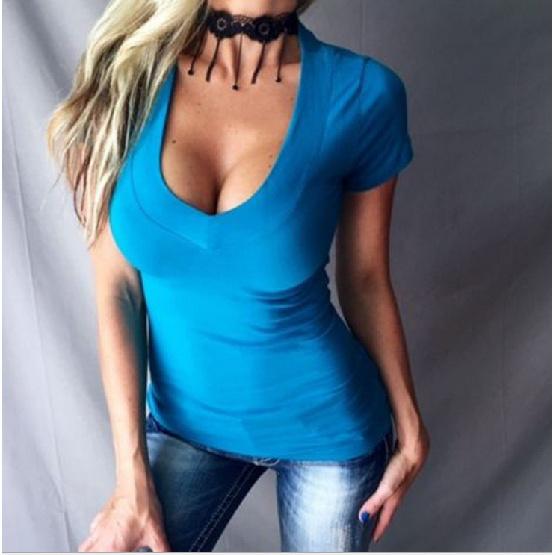 Jaro Léto Podzim Jednobarevné Krátký rukáv Výstřih do V Jednoduché Tričko Slim Fit Sexy Temperament Módní Top Dámské Oblečení