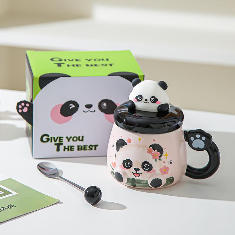Cartoon Panda Mug with Lid Girl Cute Ceramic Office Home Couple Drinking Water Souvenir Birthday Gift