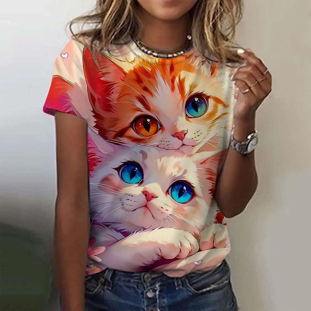 Tricou drăguț cu imprimeu de pisică pentru femei, vară, cu gât rotund, top cu mâneci scurte, ocazional, îmbrăcăminte de dimensiuni mari, Kawaii, animal pentru femei, tricouri