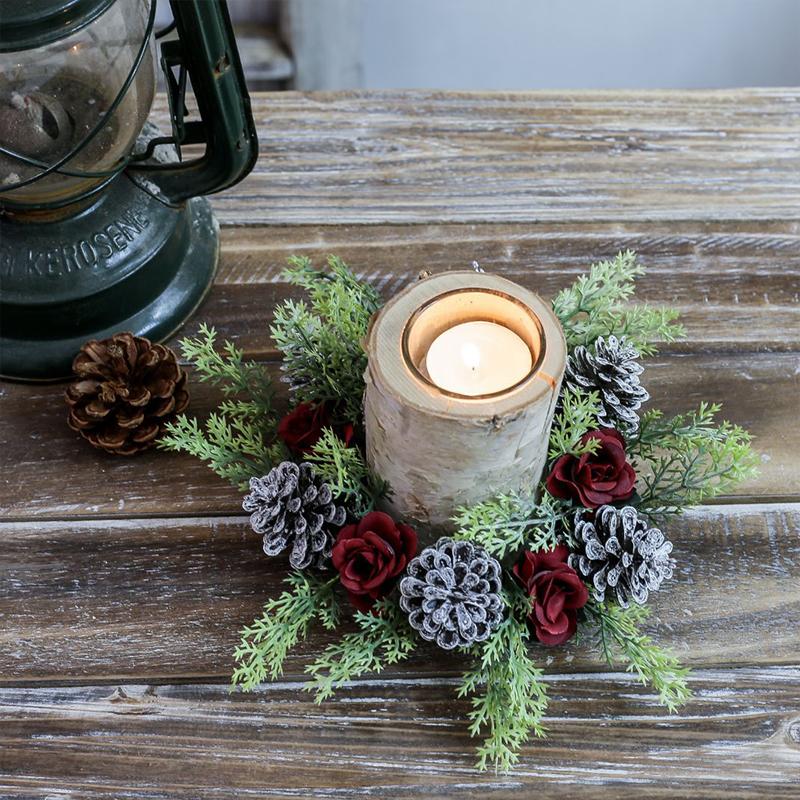 Christmas Candlestick Wreath Artificial Flowers Pinecone Garland Candle Holder Decorations Xmas Candle Ring New Year Table Decor