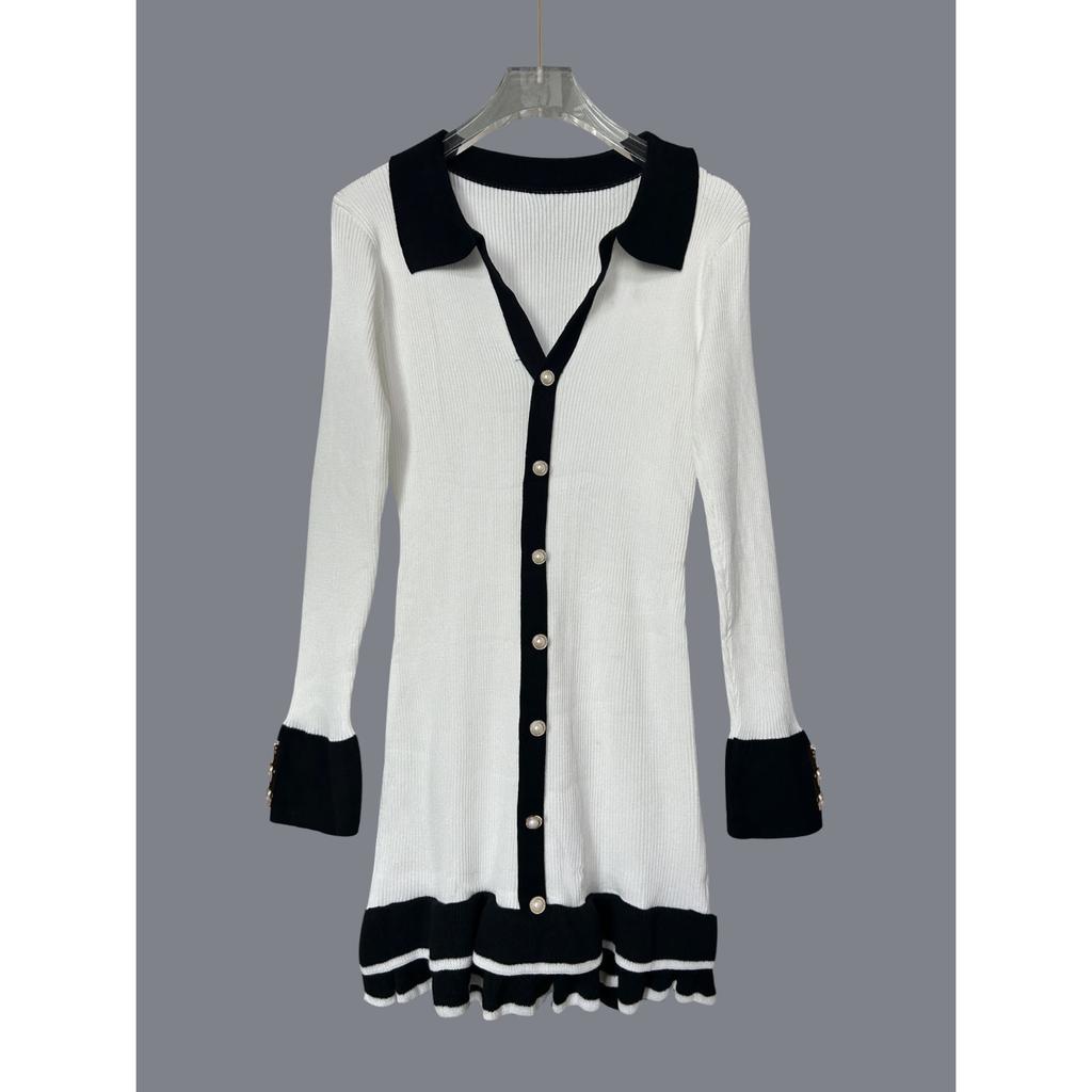 Women's High Waist Knit Dress, Ruffle Hem Long Sleeve Bodycon Dress with Elegant Silhouette, French Style Office to Date Night Dress