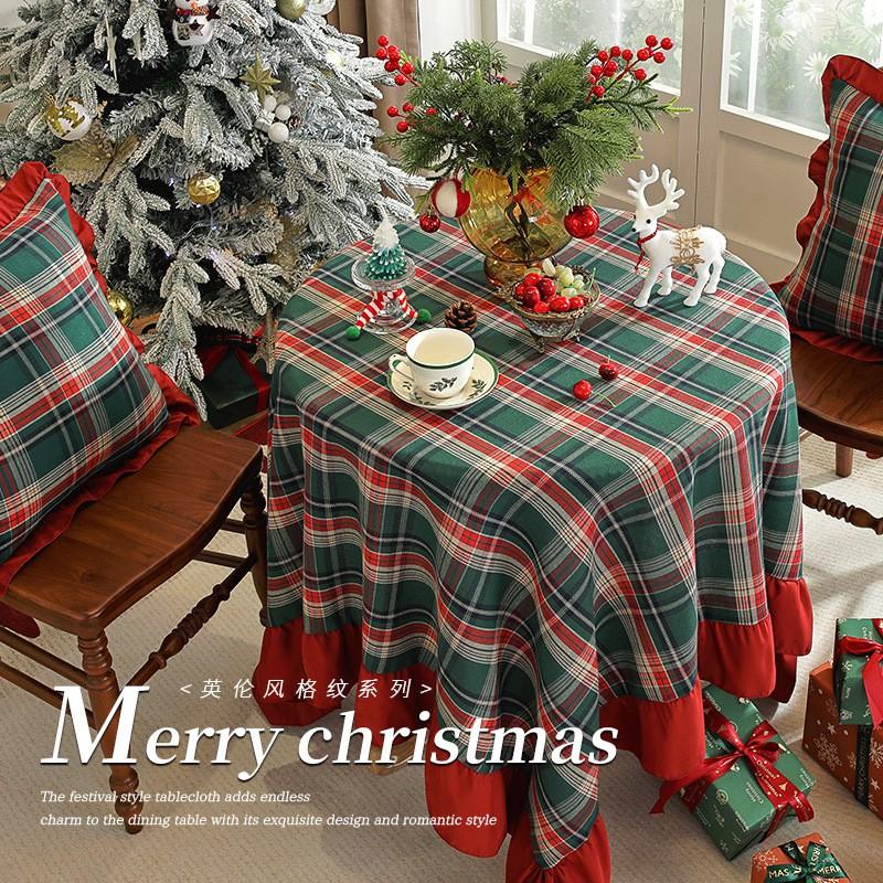 Christmas Green Plaid Ruffled Tablecloth Table Runner Decorative Cloth Home Party