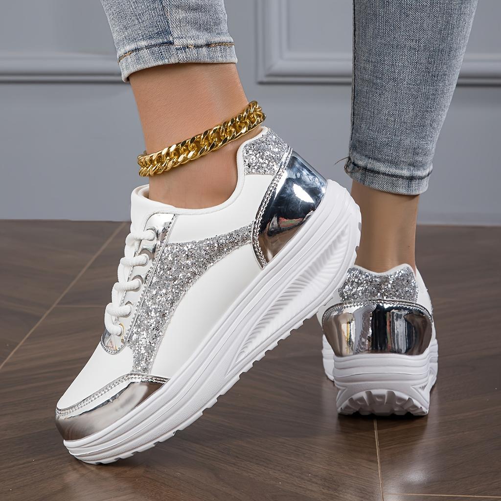 Women's Pure Color Sequins Sneaker Lace-up Platform Sequined Decorative Walking Rock Shoes High Top Sneakers Sneaker