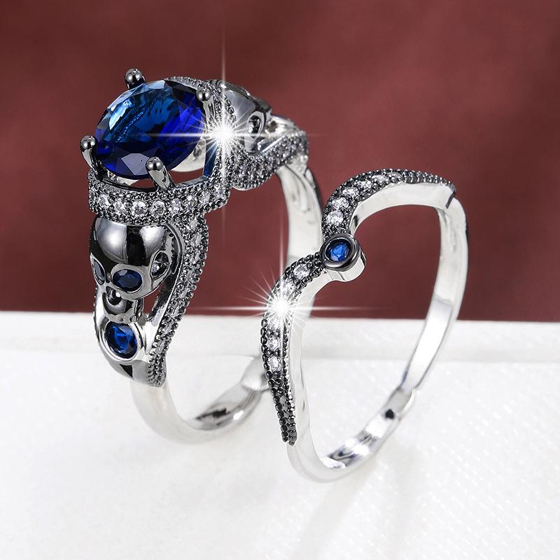 Retro Skull Set: Four-Prong Cubic Zirconia Double Rings, Pure Copper Stackable Jewelry