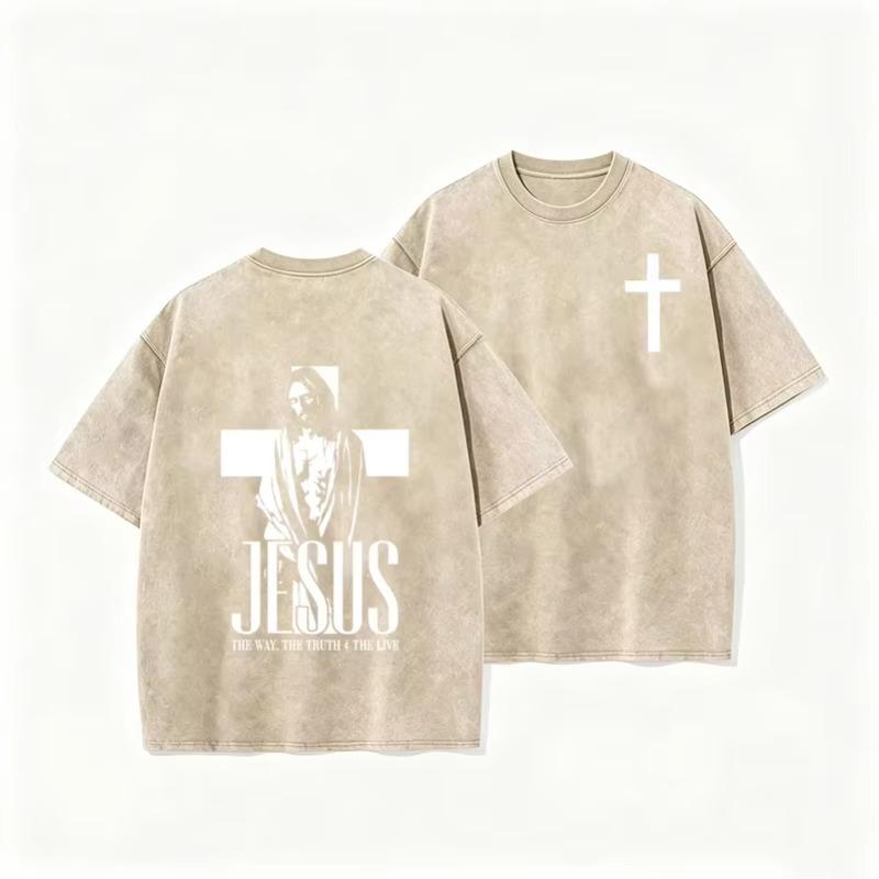 Vintage Washed Double Sided T Shirt Cross Jesus Portrait Letter Print OversizedChristianFaith StreetwearShortSleeveTeeAsian Size