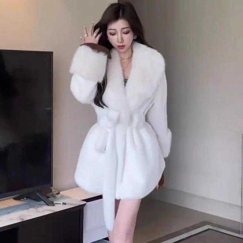 Autumn and Winter New Fur Collar Winter Waist Imitation Fox Fur Coat Thickened Warm Medium and Long Fashion Coat