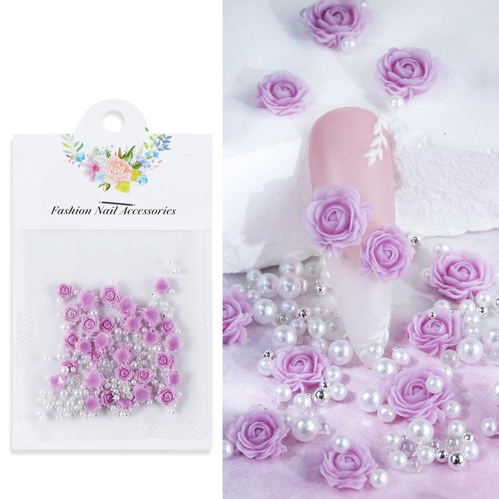 3 Packs 30 Gradient Carved Rose Nail Accessories, Dragon Sand, Gemstones, Rose Flowers with Steel Beads and Pearls, Nail Accessories