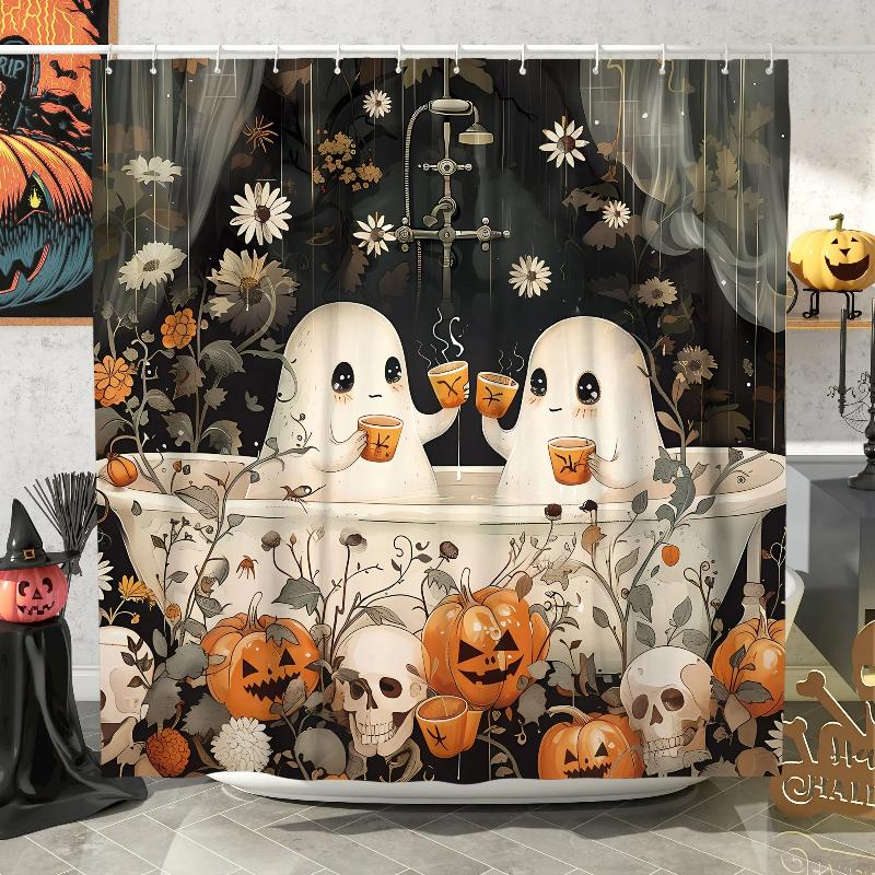 HOT Halloween Ghost Pumpkin Skull Shower Curtain Set with Non-Slip Rugs Toilet Lid Cover and Bath Mat Washable Trick or Treat