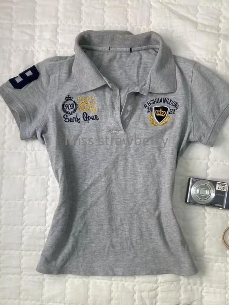 Vyšívané rameno Polo rolák Krátky rukáv Tričko Dámsky letný dizajn Horúce dievča Vintage Preppy štýl Krátke tenké tričká Outfity