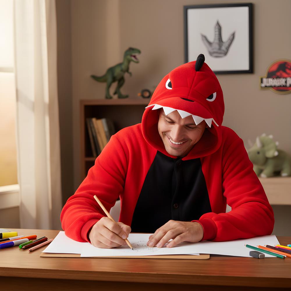 Pyžamo Onesie Kigurumi Kostým Převlek Červený Dinosaurus S: 145 - 155 cm