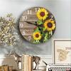 Analog Sunflowers Wall Clock 30cm with Large Arabic Numerals, Farmhouse Wooden Floral Wall Decors for Dining Area and Hallway