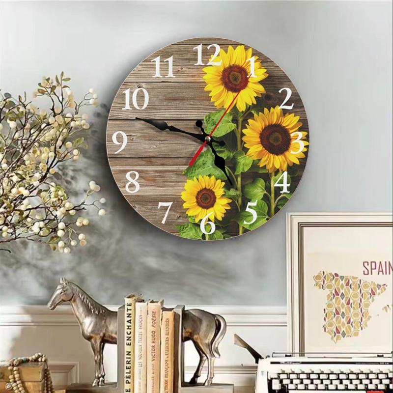 Analog Sunflowers Wall Clock 30cm with Large Arabic Numerals, Farmhouse Wooden Floral Wall Decors for Dining Area and Hallway
