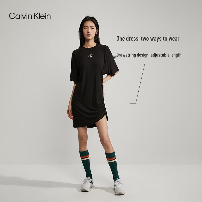 Calvin Klein Jeans Letter Print Ruched Short Sleeve Dress M