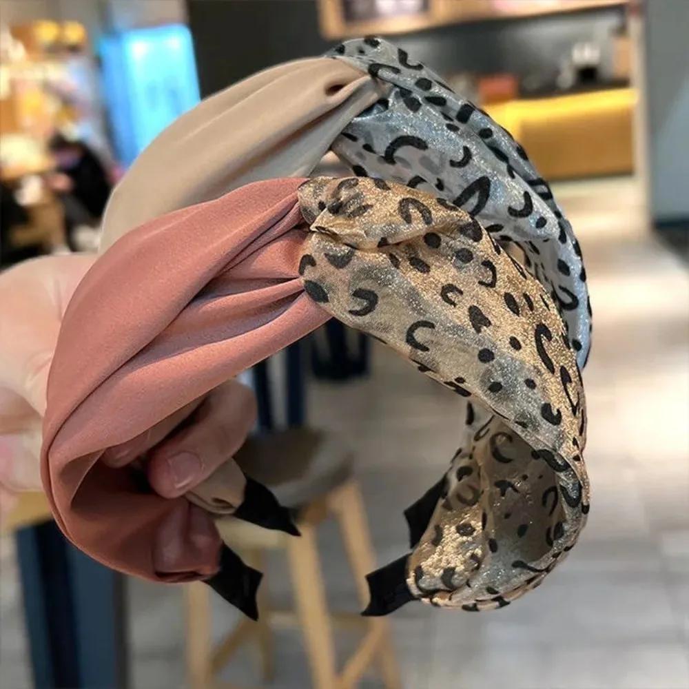 New Vintage Patchwork Headband Wide Edge Leopard Mesh Cross Headband Clip Women's Hair Accessories
