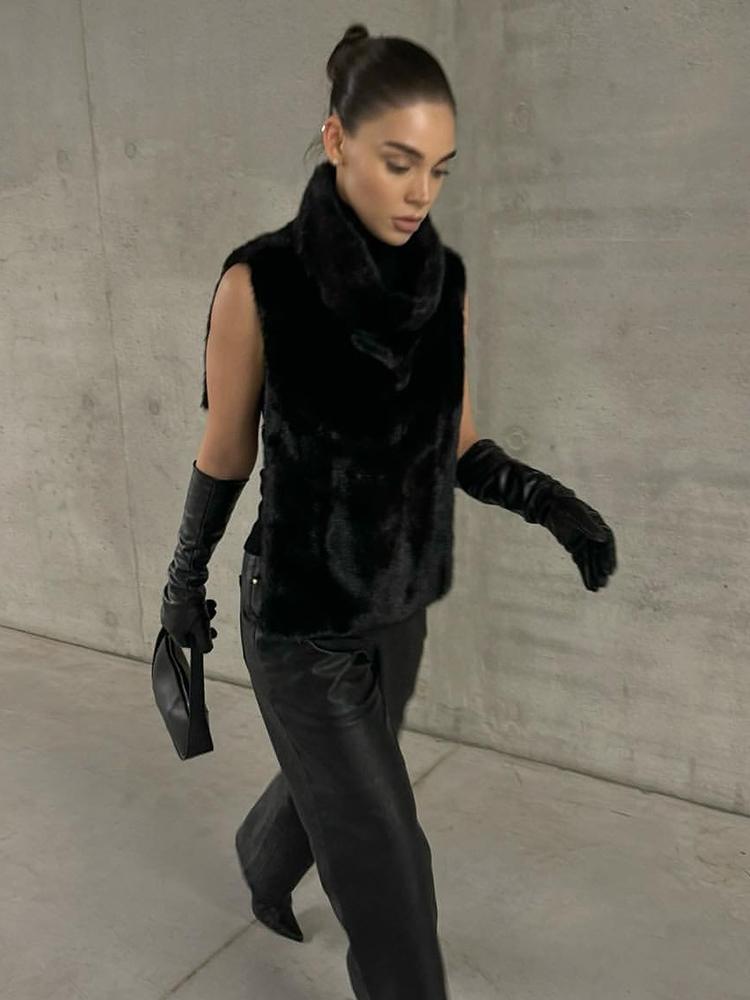 Fashion Faux Fur Sable Vest Crop Top Autumn Winter Turtleneck Eco Mink Fur Tank Tops Sleeveless Jacket Coat