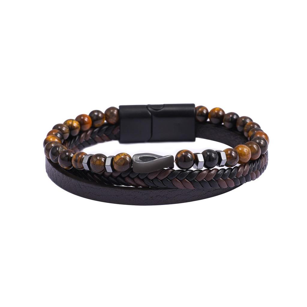 Men's Multi-Layer Braided Leather Bracelet with Natural Stone & Beaded Alloy Accents