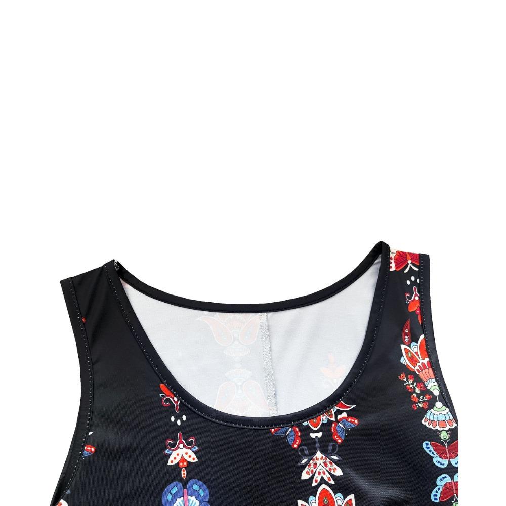 Womens Boho Dress Summer Round  Neck Sleeveless Dresses Ethnic Floral Print Sundress Mini Dress