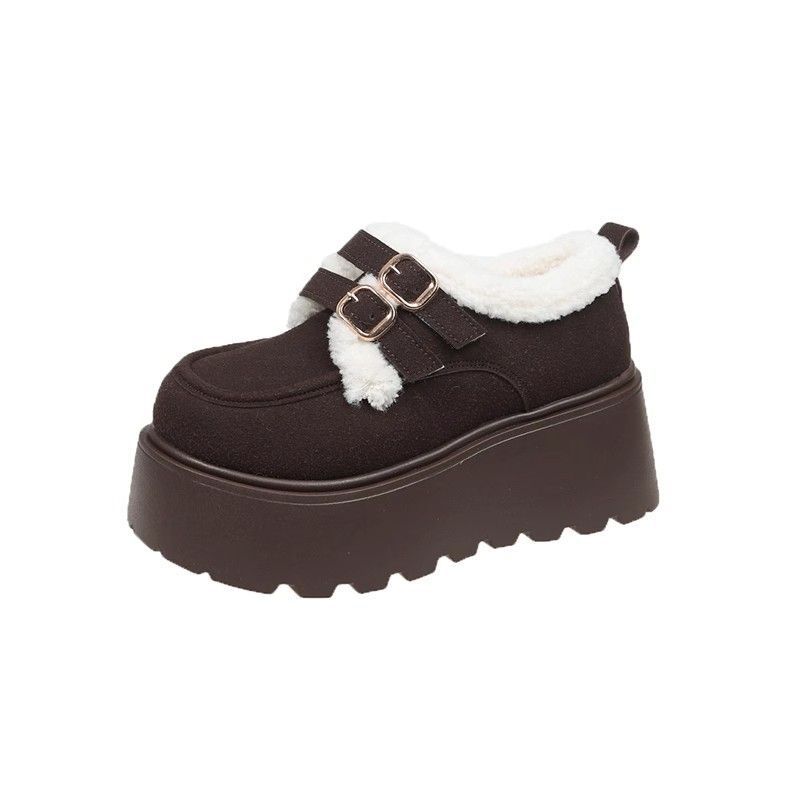 Snow Boots Women's Thick-soled Heightening Velvet Warm Small Leather Shoes Women's 2025 Autumn and Winter New Versatile One-pedal Cotton Shoes