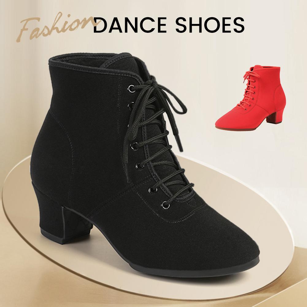 Damen Ballroom Tanz Stiefelette Oxford Stoff Außensohle Übung Wettbewerb Modernes Tanzschuh Gummisohle 3,5CM
