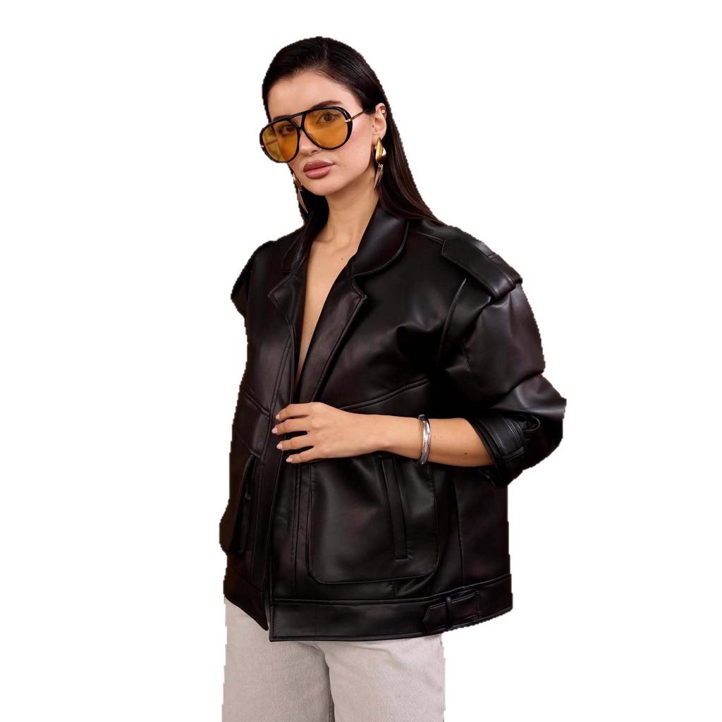 2025 Cross-border European and American Women's Clothing Amazon Lapel Jacket Leather Jacket Trendy Fashion Pocket Jacket Slim Pants