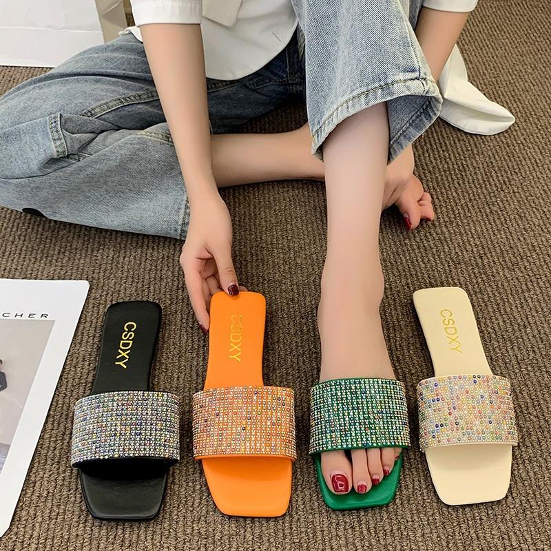 Glitter Slides Flat Shoes Female Woman's Slippers Low Square Toe Big Size Jelly Summer Fabric Rome Rubber Crystal Sequined
