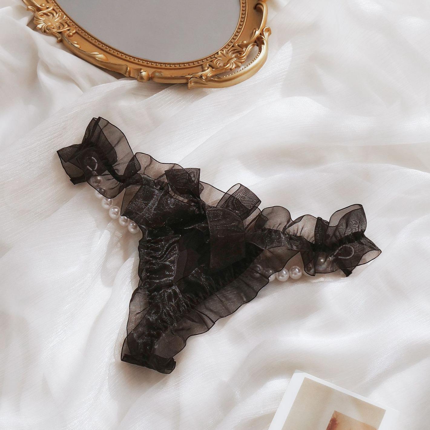 

Сексуальные кружевные стринги с низкой посадкой, с бисерной отделкой и шифоновыми оборками для женщин Medium (M)