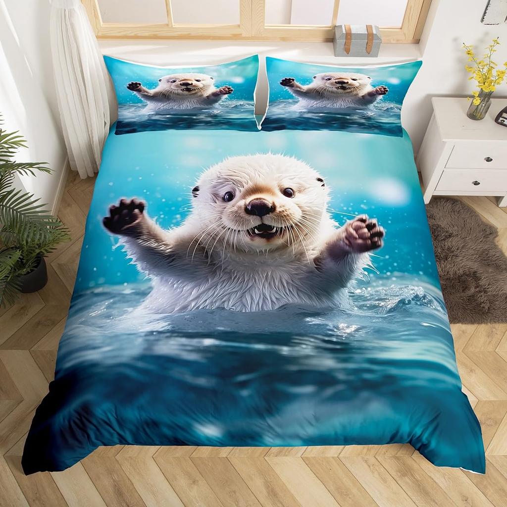 Sea Otter Duvet Cover Set Ocean Creature Otter Toddler Soft Polyester Bedding Set Cute Cartoon Animal Print Comforter Cover Sets