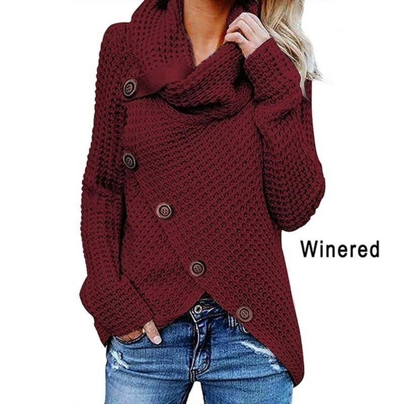 Women Knited Sweaters Cardigan Long Sleeved Buttons Loose Pullovers Turtleneck Irregular Hem Tops