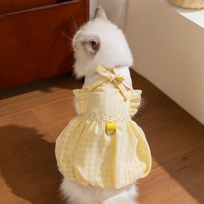 Spring and Summer Checkered Elegant Pet Dress with Flying Skirt Princess Style Pet Cat Clothing