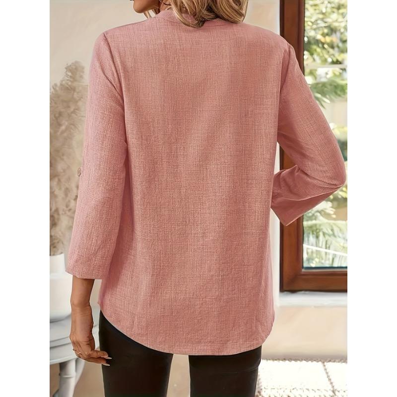 Casual V Neck Large Size Loose Women Blouse Fashion Elegant Tops Pocket Short Sleeve Simple Office Shirts Spring Solid Color Cothing