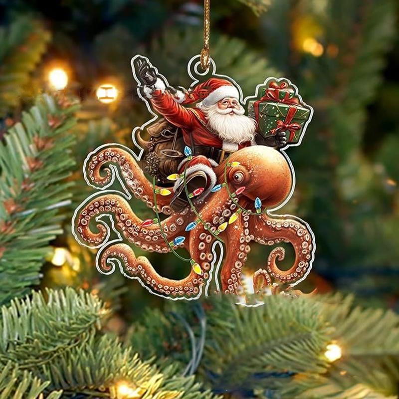 2026 Santa Claus And His Funny Dog Ornament 2D Flat Acrylic Pendant Christmas Decoration For Home Xmas Tree  Year Kerst