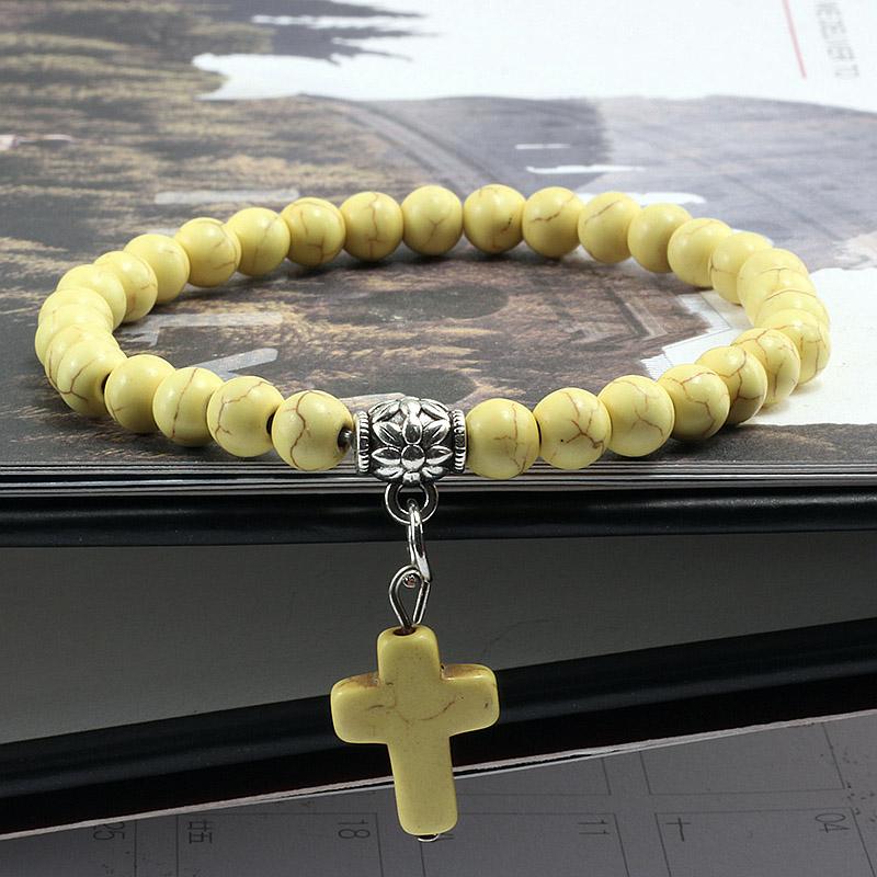 

Vintage Cross Natural Stone 6mm Beads Bracelet Charm Men Blue Bead Pendant Strand Bracelets Bangles Women Fashion Jewelry Gifts 21cm жовтий