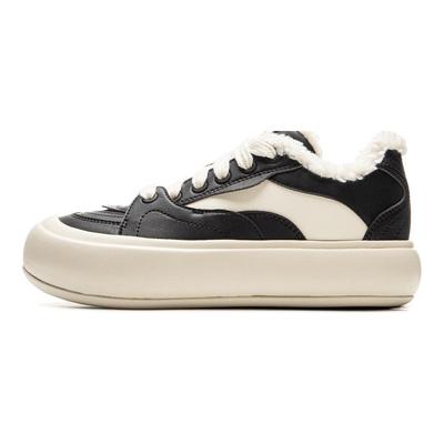 Li Ning Puff Platform Fleece Casual Warm Durable Low-Top Skate Shoes Women Sneaker Black White AZGU068-7