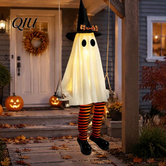 Halloween-Eingangsbereich Dekoration Hängende Schaukel Geist Dekoration, Leuchtend Große Schaukelnde mit Beleuchtetem Veranda Hexenhut Und Gestreiften Beinen für den Garten