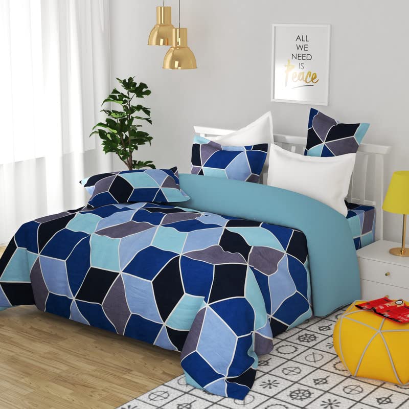 120 TC Çift Çiçek Desenli Nevresim Takımı (2 Yastık Kılıflı) | 110 GSM Yumuşak Fırçalanmış Mikrofiber (86 X 88 İnç, Mavi & Gri & Su Yeşili)