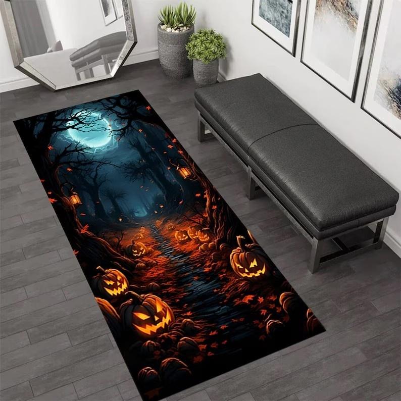 Halloween Runner Rug Castle Pumpkin Skull Carpet Kitchen Anti-Slip Spider Web Printed Rugs For Living Room Home Decor