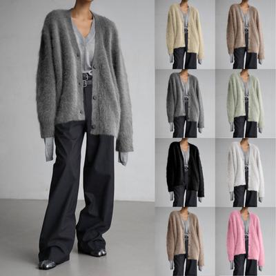 Damen Oversized Shaggy Cardigan Pullover Herbstmode Offene Vorderseite Strick Langarm Knopf Strickjacken