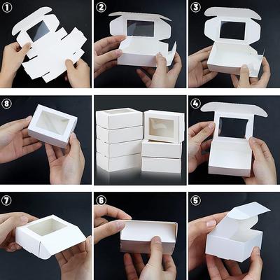 10 Pcs Square White/Kraft/Black Window Packaging Boxes, Various Sizes, Wedding Party Gifts, Handmade Soap Chocolate Flat Boxes