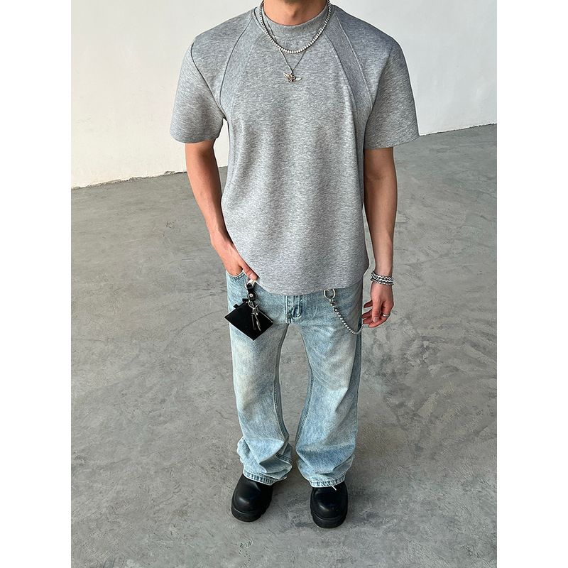 Blaexit American-Style Patchwork Deconstructed Old Money Style Straight Shoulder Short-Sleeve Men's Space Cotton Cleanfit Gray Cropped T-Shirt