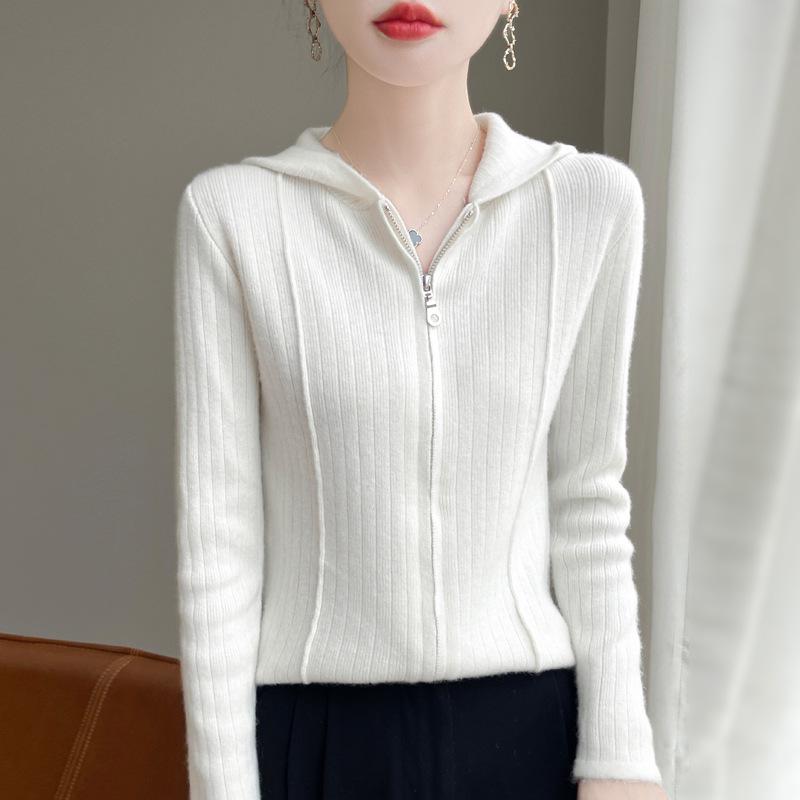 Women's Striped Hooded Wool Cardigan - Long Sleeve, Slimming Zip-Up Sweater for Autumn/Winter