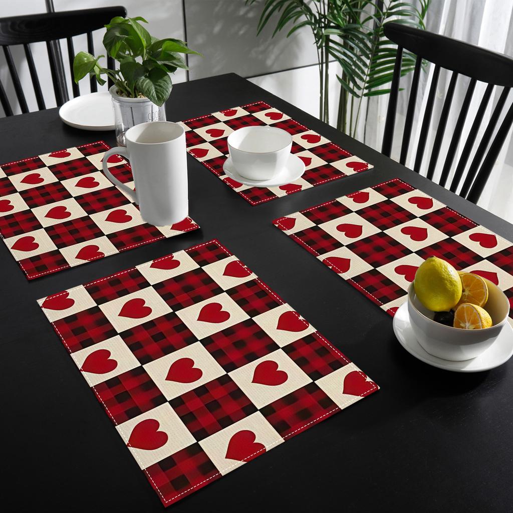 4pcs/6pcs/8pcs Valentine's Day themed placemats, linen placemats for home kitchen restaurant, fashionable print, table mats for holiday parties