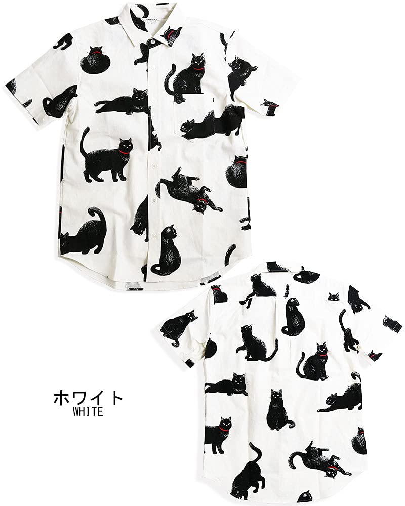 Quintet Black Cat Print Short Made in Cat Animal 10 Shirt, Men's Sleeve, Japan, Print, Print, 01-79416 (L, White)