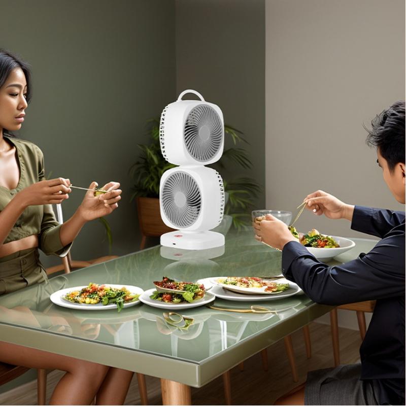 Neuer tragbarer kleiner Ventilator, doppelköpfiger, rotierender elektrischer Tischventilator, doppelschichtiger Umwälzventilator für den Haushalt