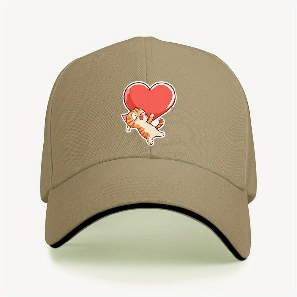 Cute Kitten Heart Cartoon Baseball Cap Polyester Adjustable Unisex Casual Sports Hat Outdoor Headwear