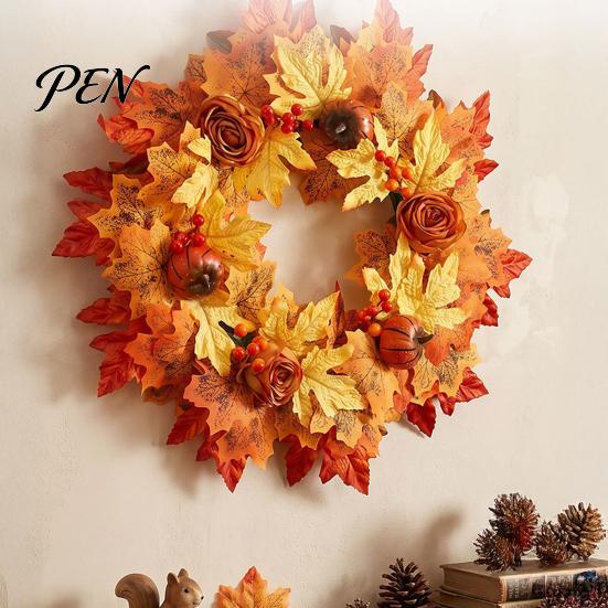 Holiday Party Supplies Fall Sunflower Maple Leaf Wreath with Pumpkin Pinecone, Thanksgiving Harvest Artificial Faux Garland Wreath, Indoor Outdoor