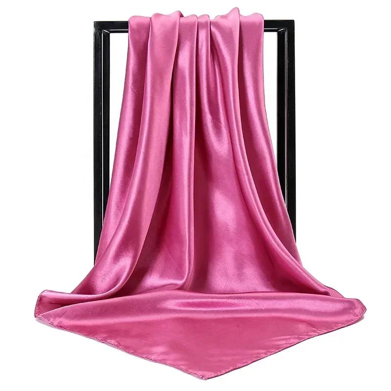 90X90 Satin Silk Scarf Hijab Solid Women Shiny Square Wrap Shawl Head Neck Cover Plain Hair Tie Band Beach Hijab Female Foulard
