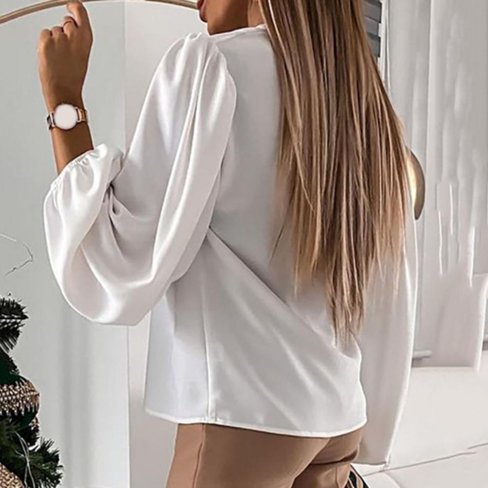 Women Blouse Hollow Out Chain V Neck Polyester Long Sleeve Solid Color Blouse Top Shirt  2XL Women's Clothing